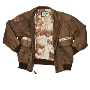 Mens Fox Run Brown‎ Leather Bomber Jacket L Patched Coat US ARMY Battle Scene